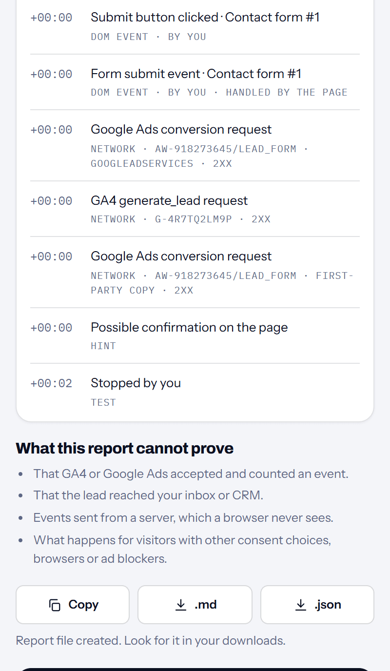The end of the report: what it cannot prove, and buttons to copy a summary or download the report as Markdown or JSON.