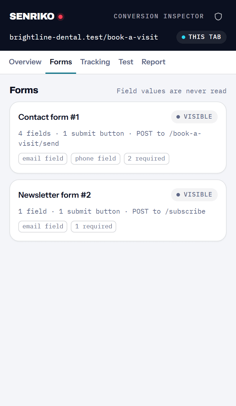 The Forms tab lists a contact form with four fields and a newsletter form, each with its field types and where it posts. Field values are never read.
