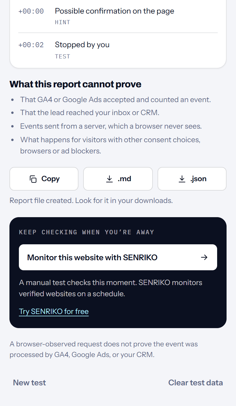 The report’s last band offers monitoring the website with SENRIKO, which checks verified websites on a schedule.