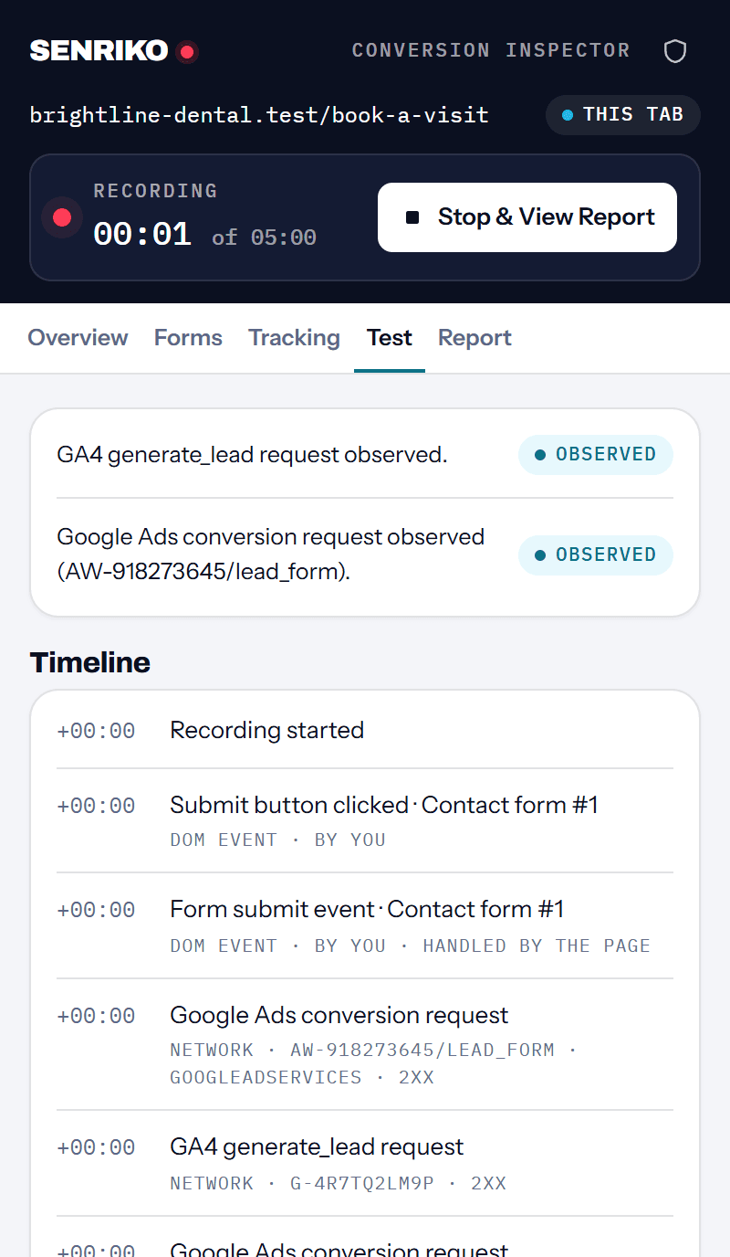 A test recording: both expected signals observed, and a timeline of the submit click, the form’s submit event and the GA4 and Google Ads requests.