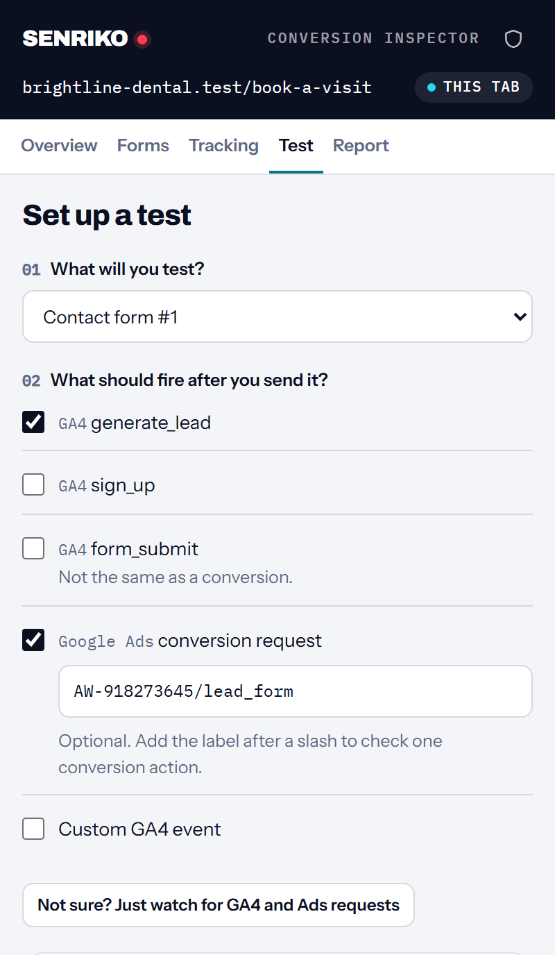Test setup: the contact form is chosen, with GA4 generate_lead and a Google Ads conversion ID and label as the signals that should fire.